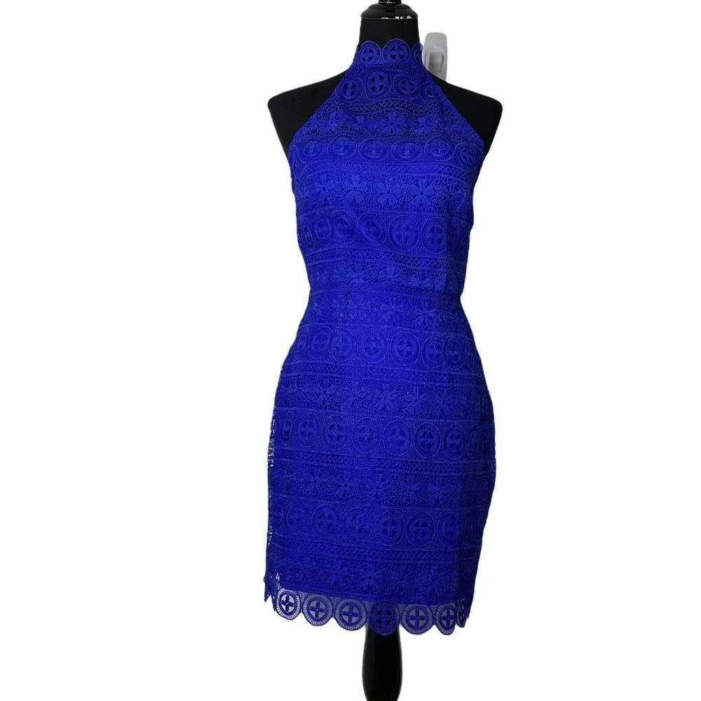 BB Dakota Women's Navy Blue Halter Sleeveless‎ Lace Sheath Pencil Dress Size 0